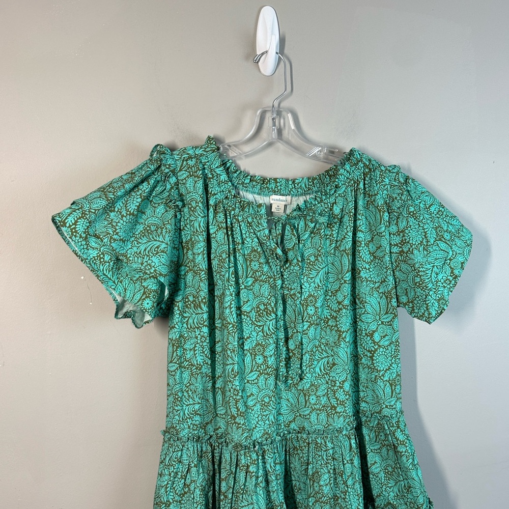 Sundance Liora Summer A-line Popover Tiered Ruffle Green Cotton Dress Size M - Picture 4 of 13